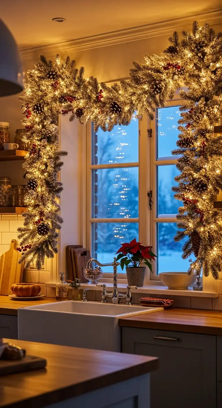 2. Frosted Garland Around a Kitchen Window