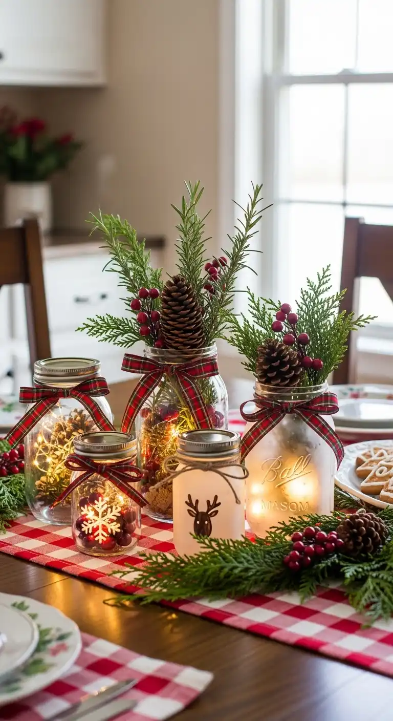 2. Mason Jar Centerpieces with Pinecones and Ribbons