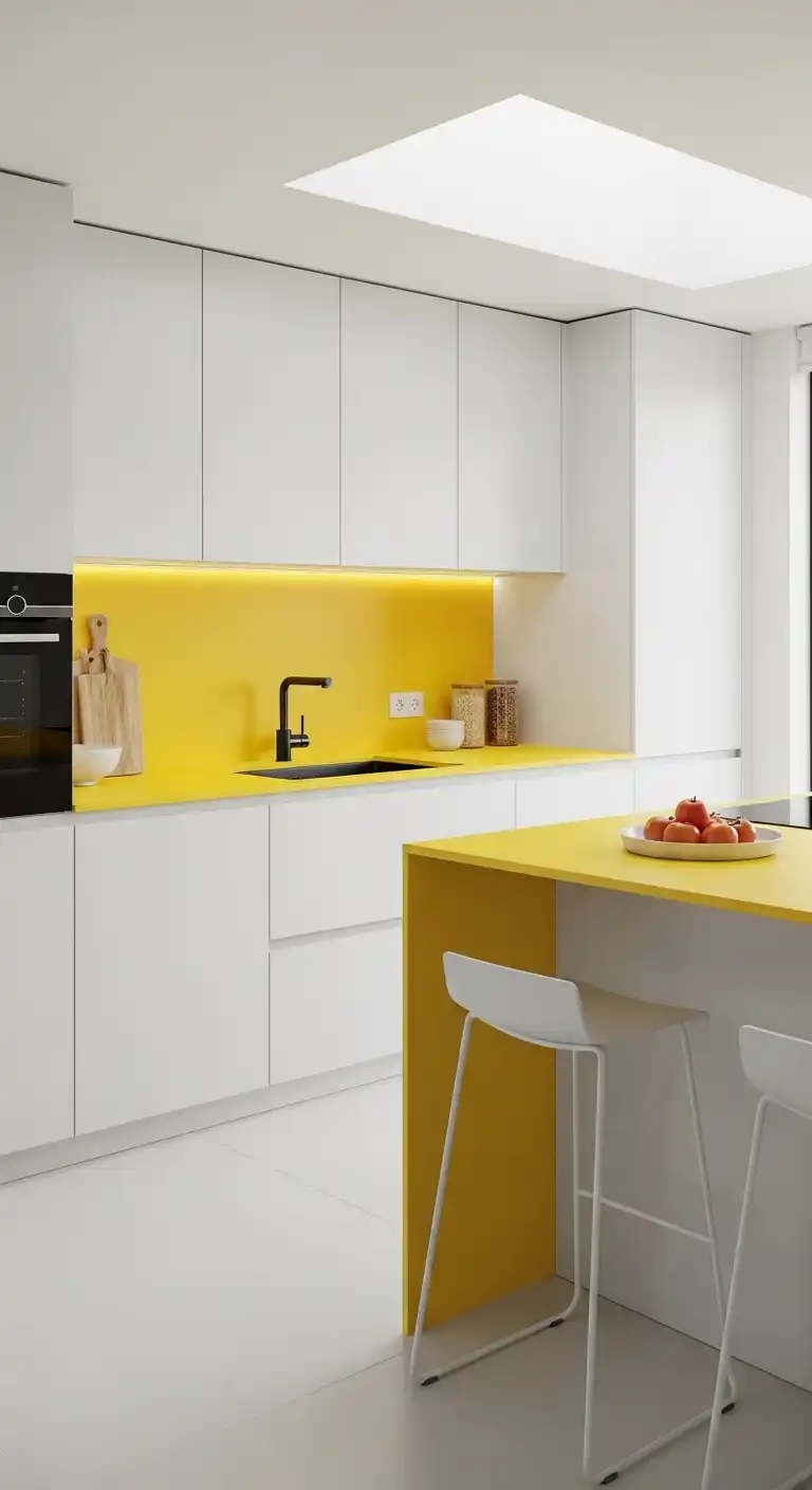2. Modern Minimalist Kitchen with a Pop of Yellow