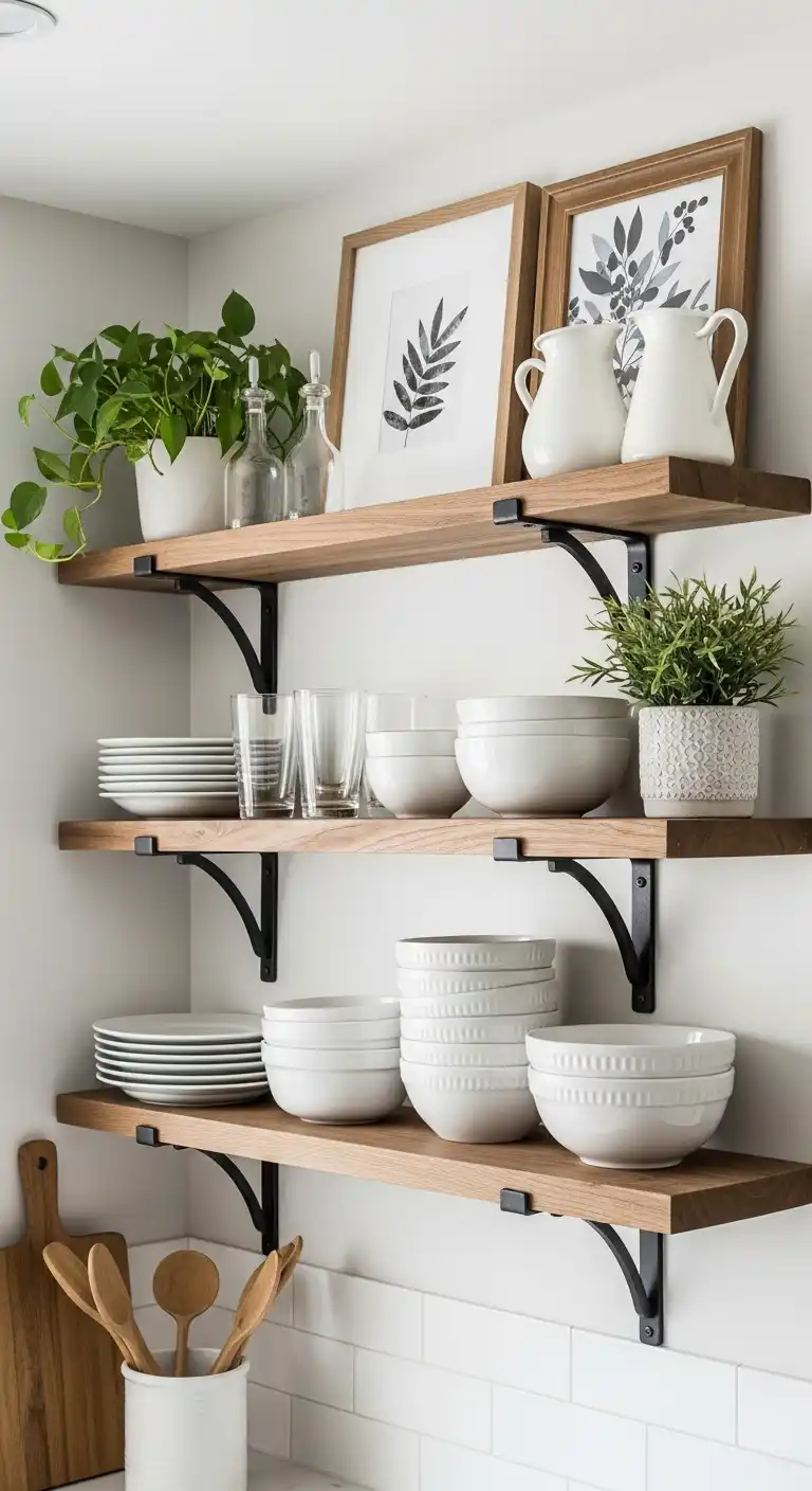 2. Open Shelving with Rustic Brackets