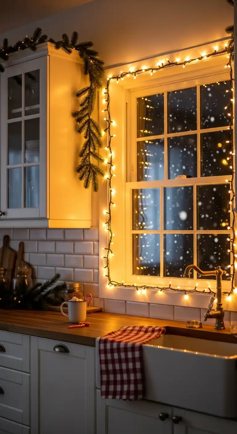 2. Twinkling Lights Framing the Kitchen Window