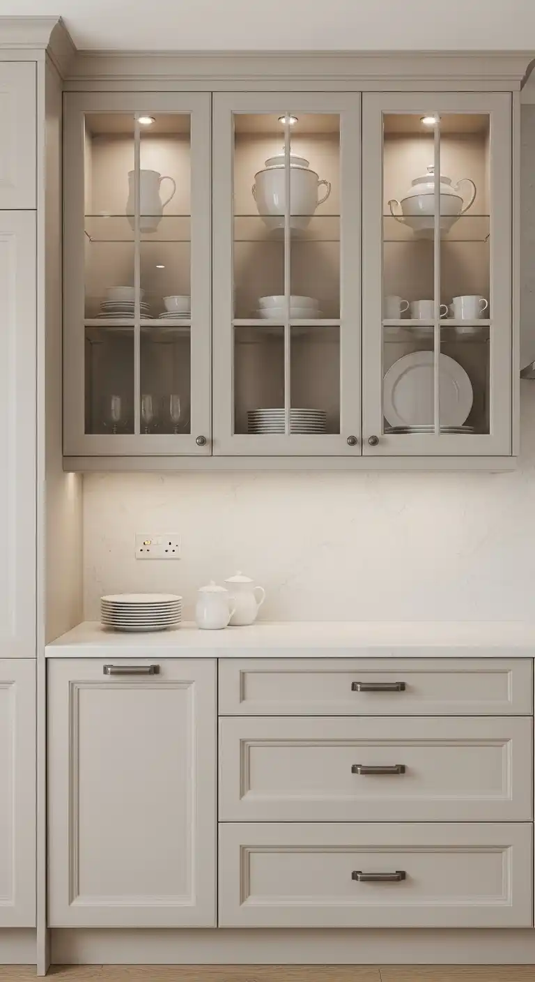 20. Beige Cabinets with Glass-Front Doors