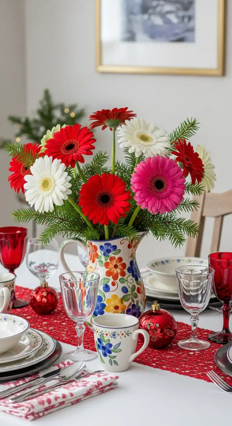 20. Gerbera Daisies with Evergreen Accents