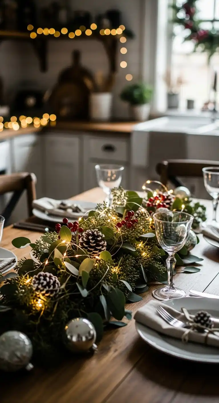 20. Handcrafted Centerpiece Using Eucalyptus and Fairy Lights