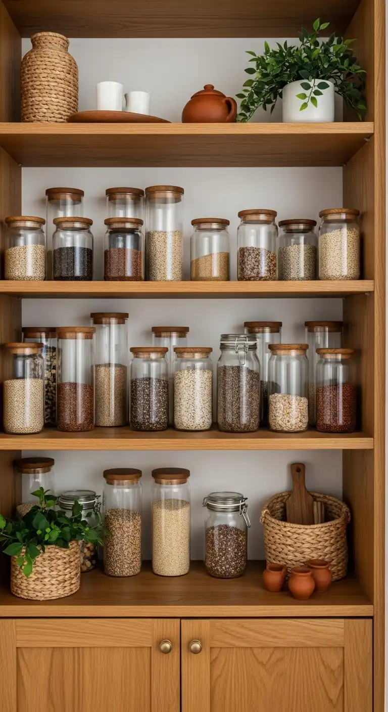 20. Open Pantry with Wooden Shelving and Glass Jars