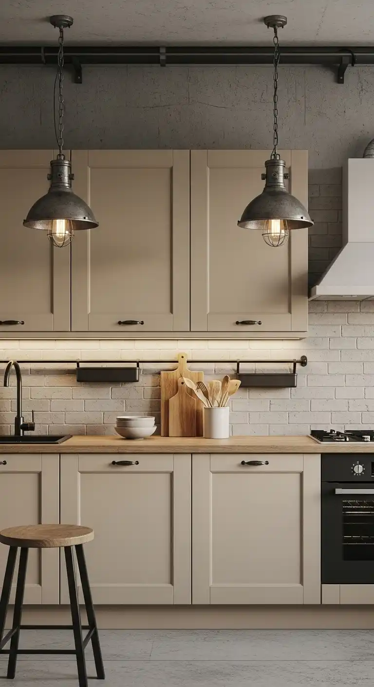 21. Beige Cabinets with Industrial Pendant Lighting
