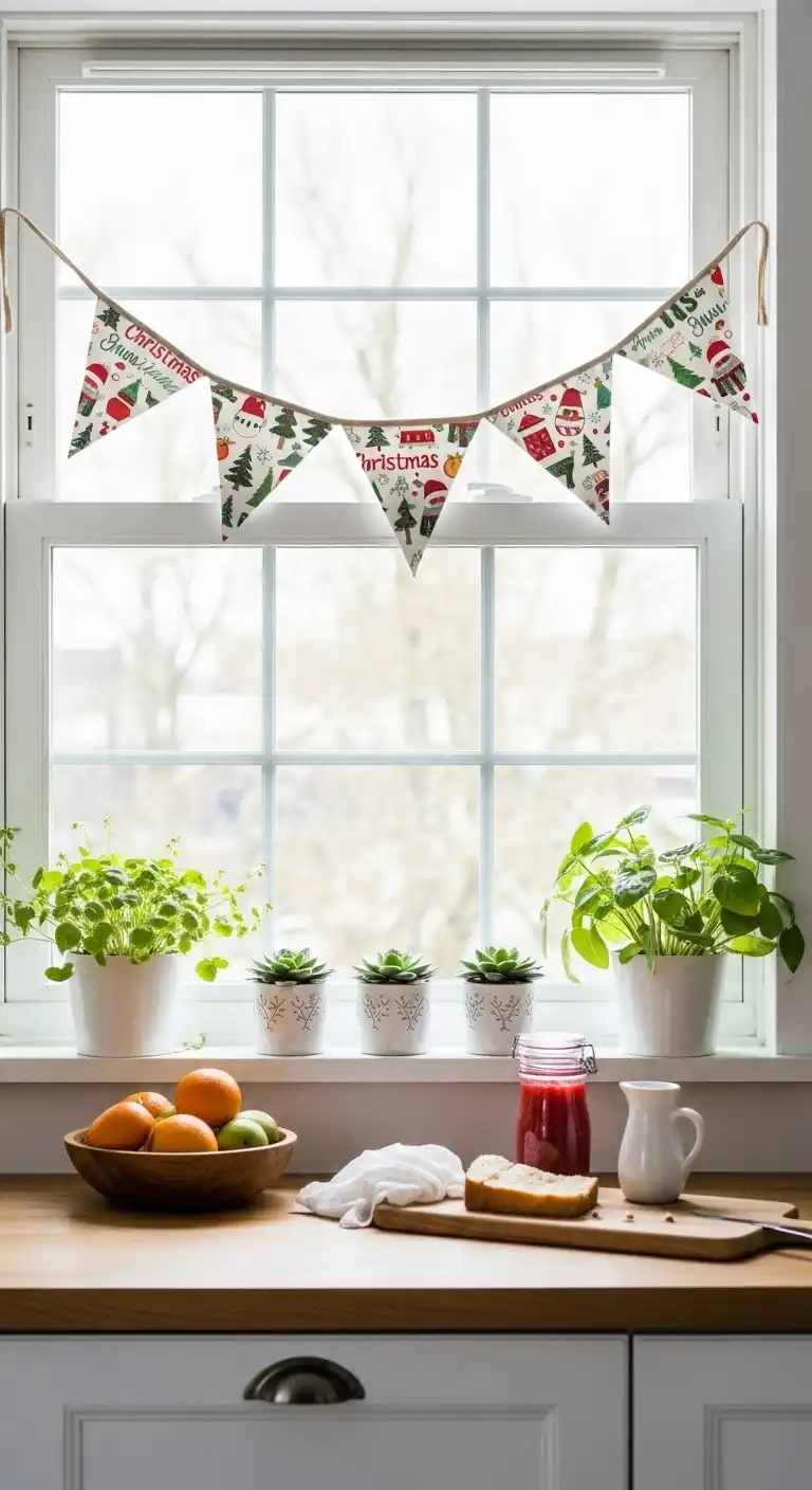 21. DIY Fabric Bunting with Christmas Prints for Windows