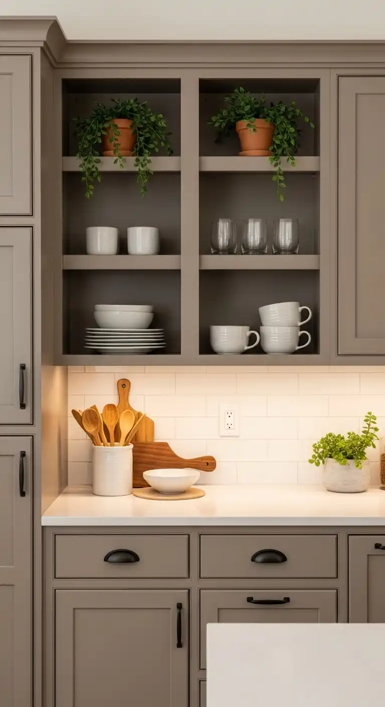 21. Earthy Cabinets with Open Shelving