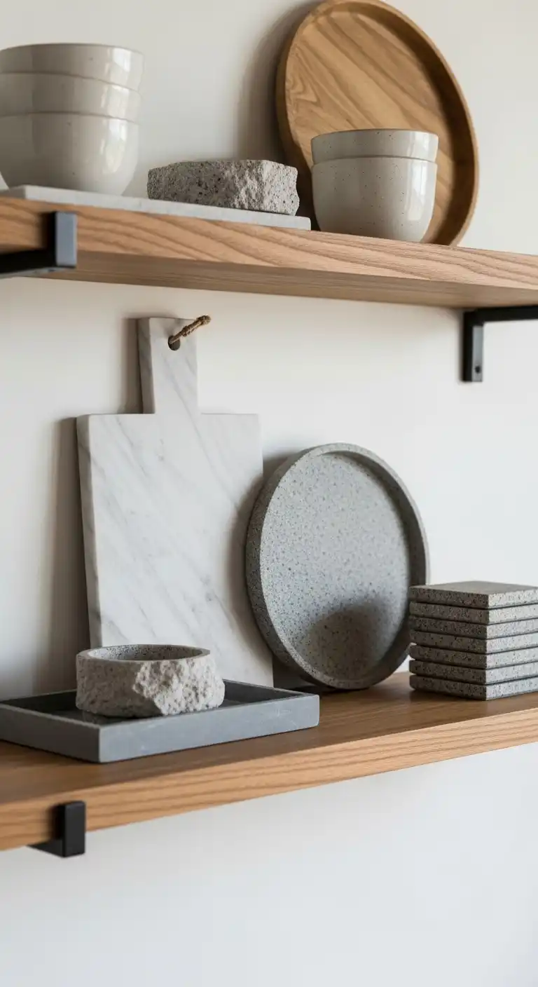 21. Minimalist Shelf Styling with Natural Stone Accents