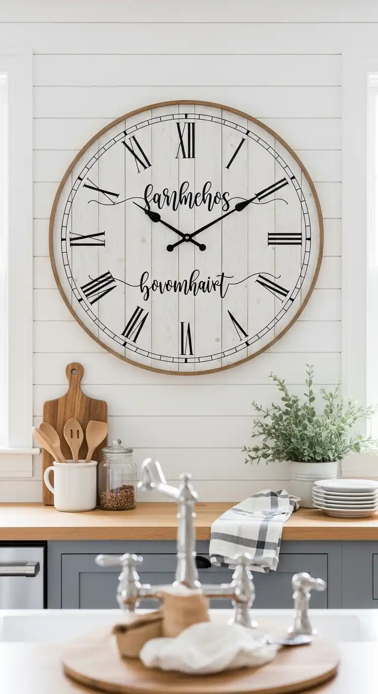 21. Oversized Round Clock with Farmhouse Script