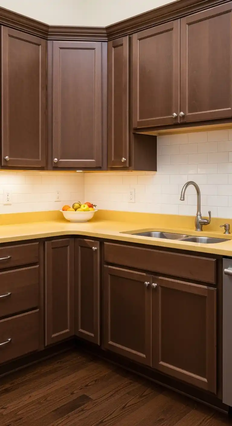 21. Yellow Countertops with Brown Kitchen Cabinets