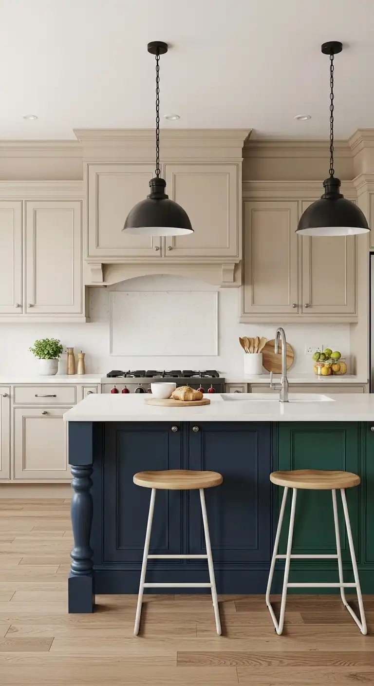 22. Beige Cabinets with Colorful Kitchen Island Contrast