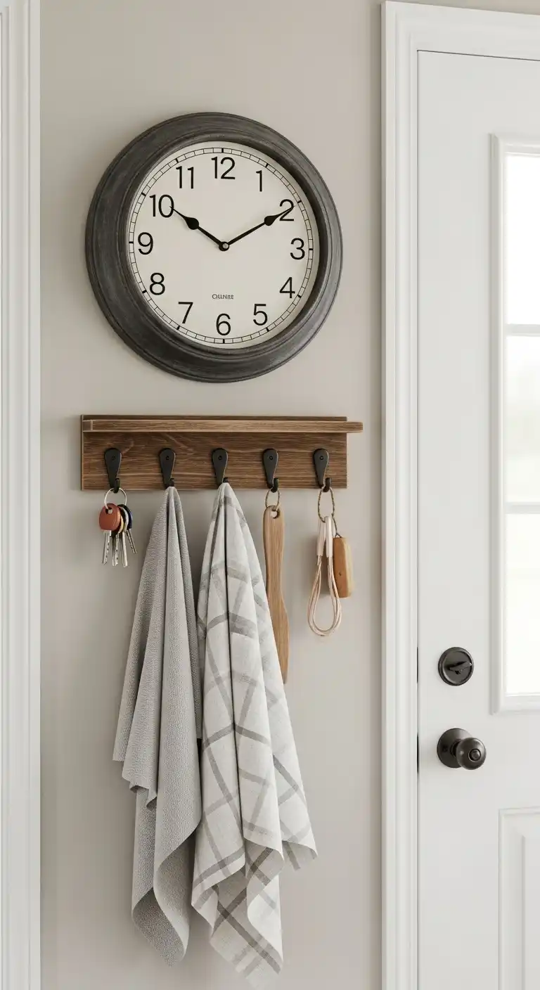 22. Farmhouse Kitchen Clock with Built-In Hooks for Keys or Towels