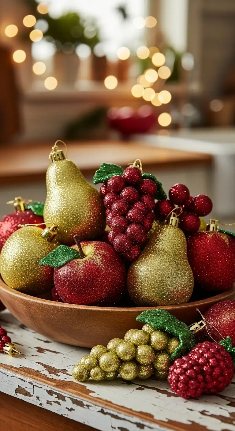 22. Glittered Fruit Ornaments Like Apples and Pears