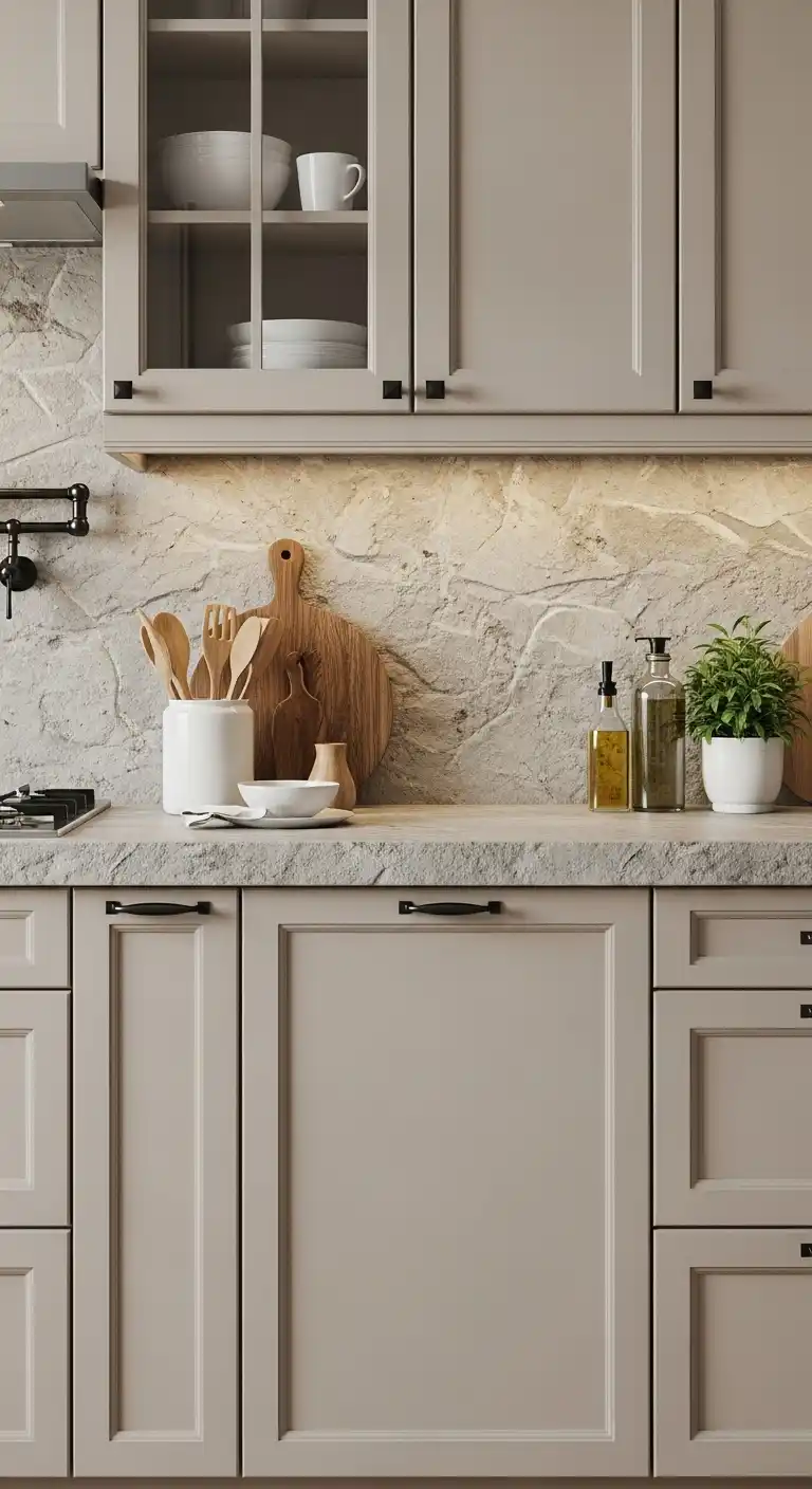 23. Beige Cabinets with Stone or Concrete Countertops