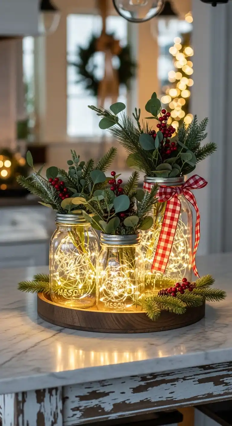 23. Mason Jars with Fairy Lights and Greenery