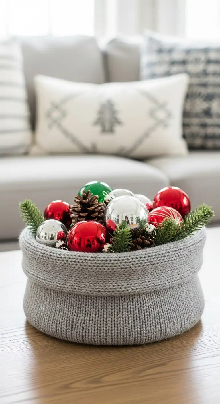 24. Cozy Knit Basket with Ornaments