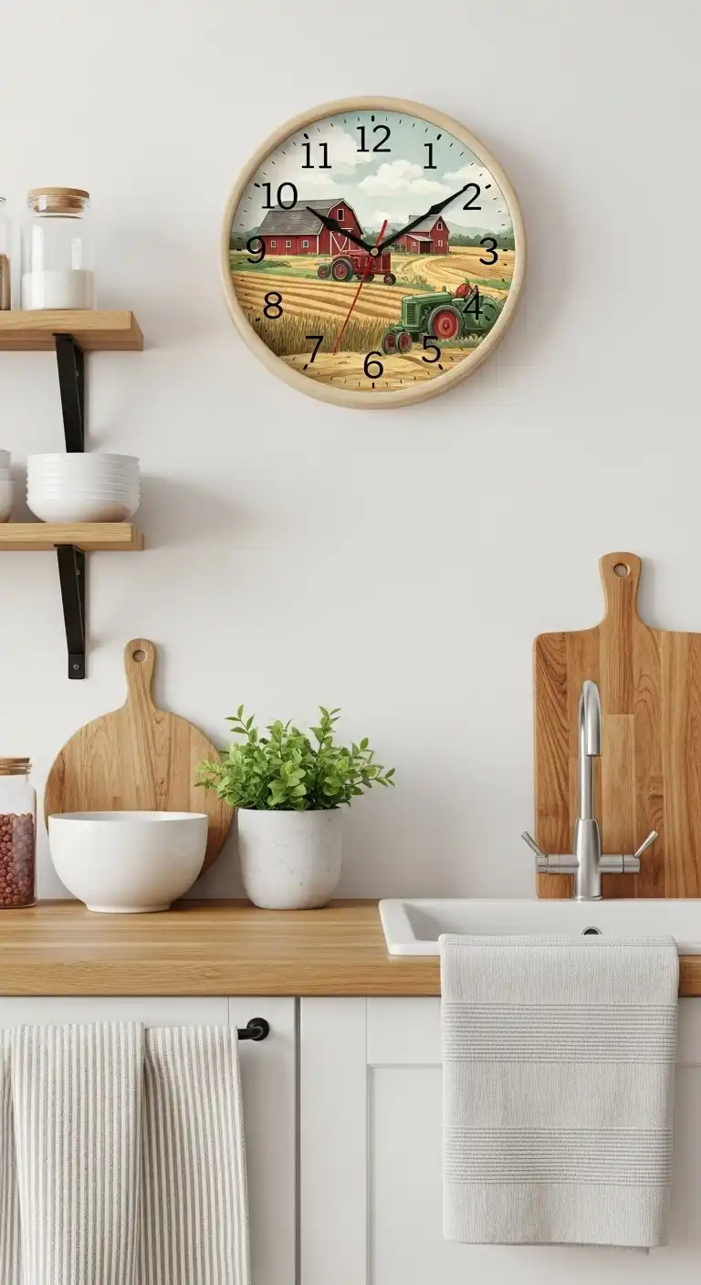 24. Farmhouse Kitchen Clock with Subtle Farm Scene Illustration