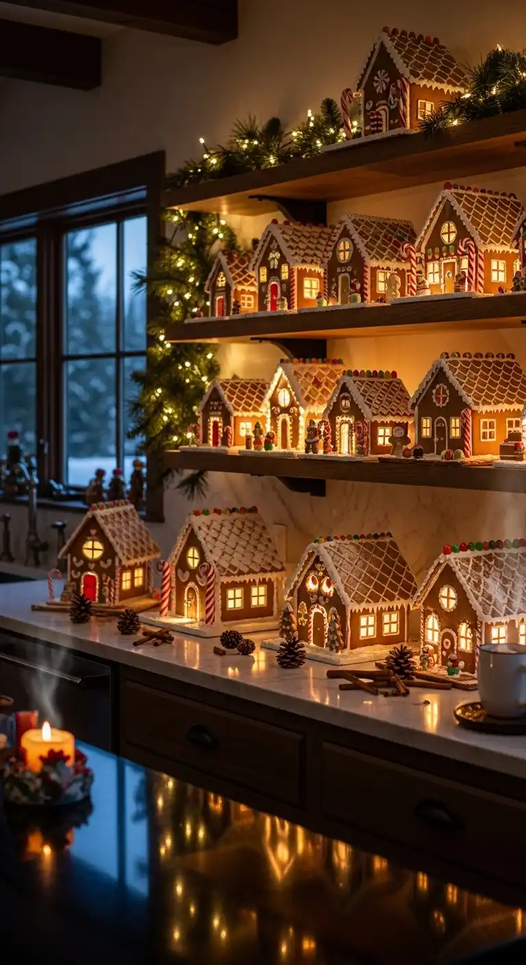 24. Gingerbread House Lights on Display Shelves