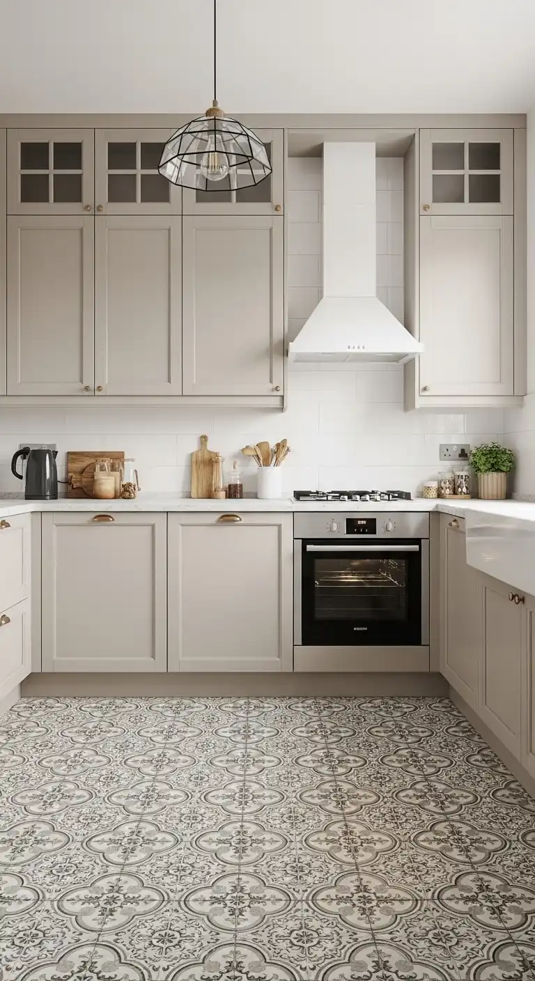 25. Beige Cabinets with Patterned Tile Flooring
