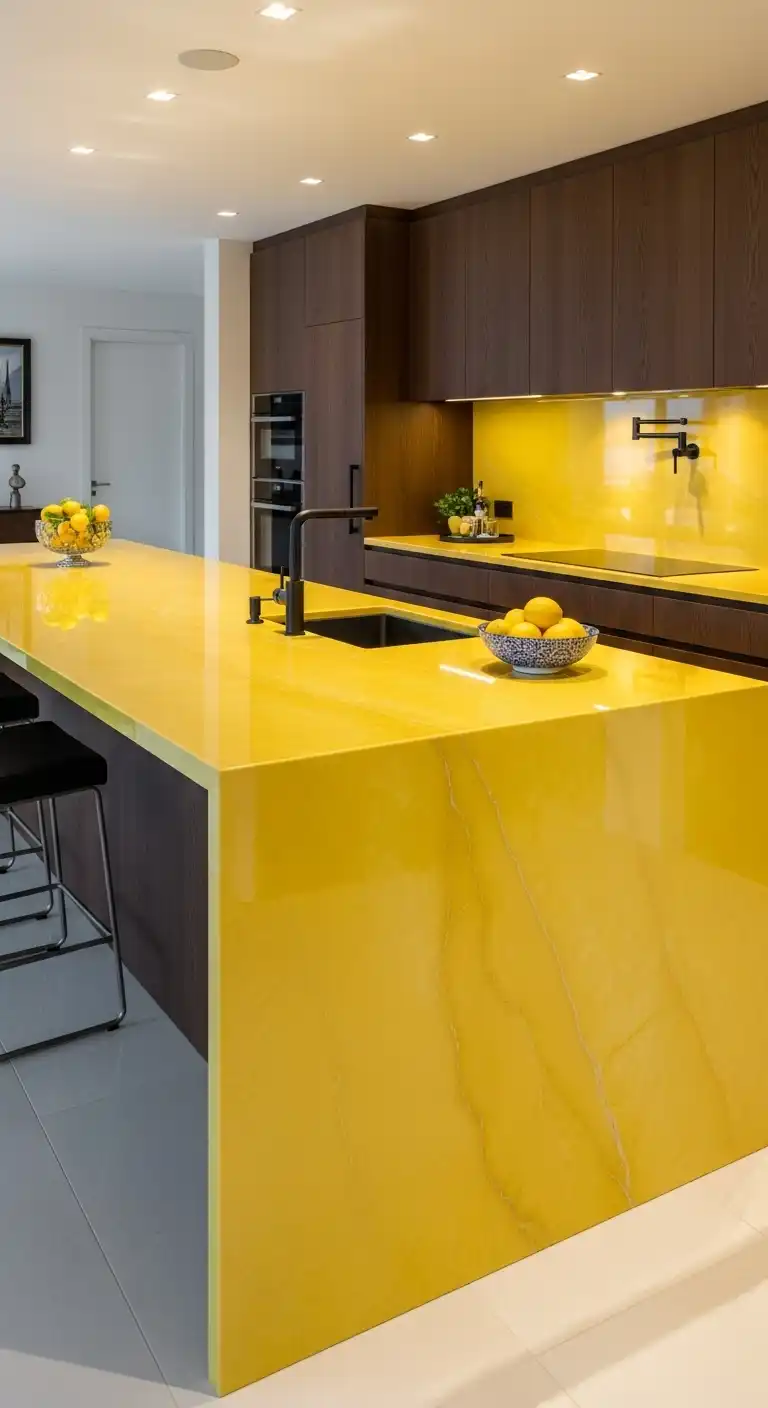 25. The Ultimate Statement A Waterfall Yellow Countertop