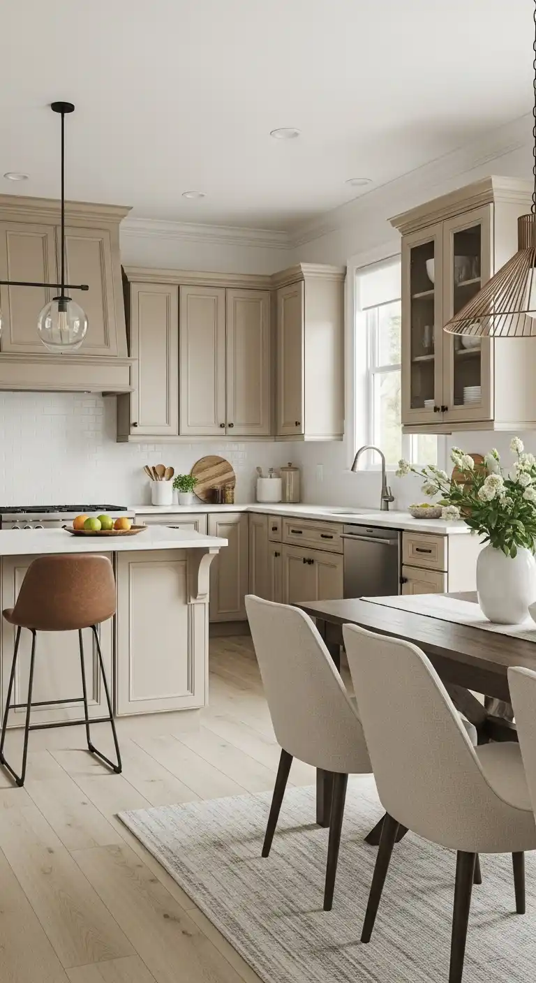 26. Beige Cabinets with Open Concept Dining Room Flow