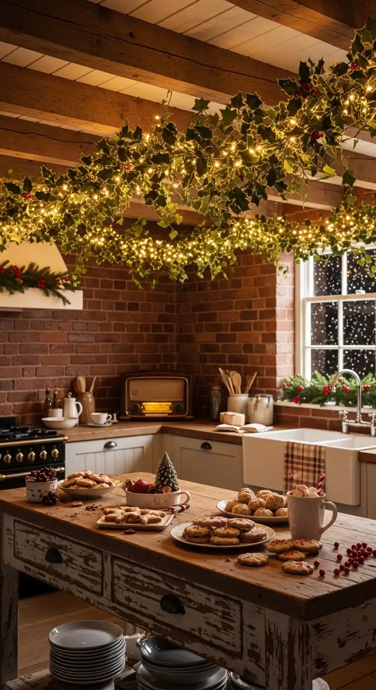 26. Holly and Ivy Garland Wrapped Around Ceiling Beams with Lights