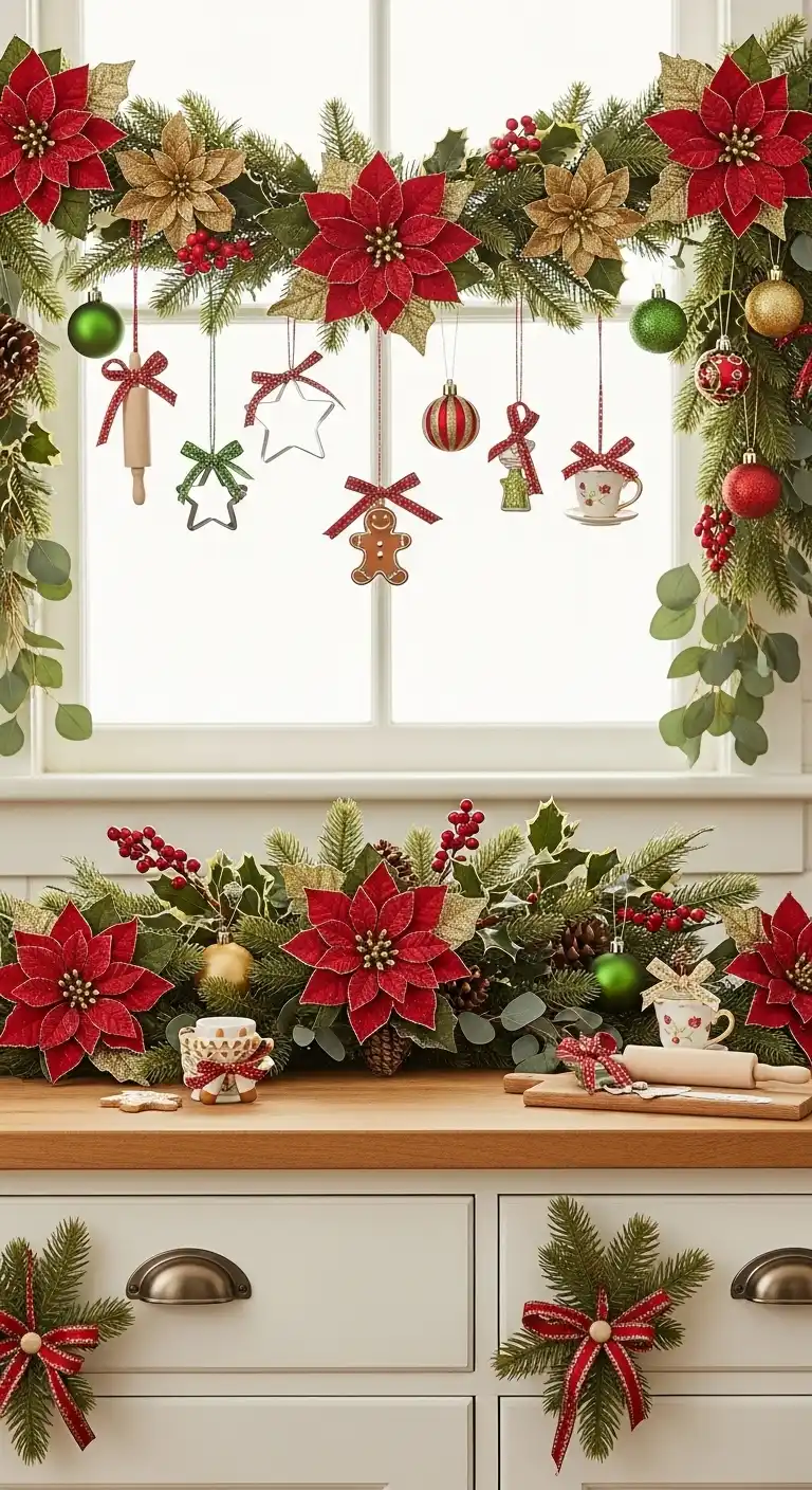 26. Poinsettia Flower Ornaments Mixed with Greenery