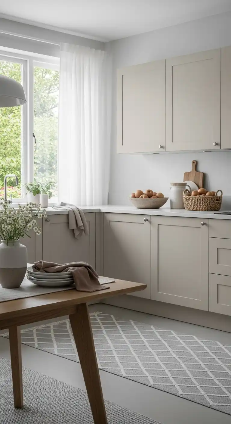 27. Beige Cabinets with Neutral Accessories and Styling