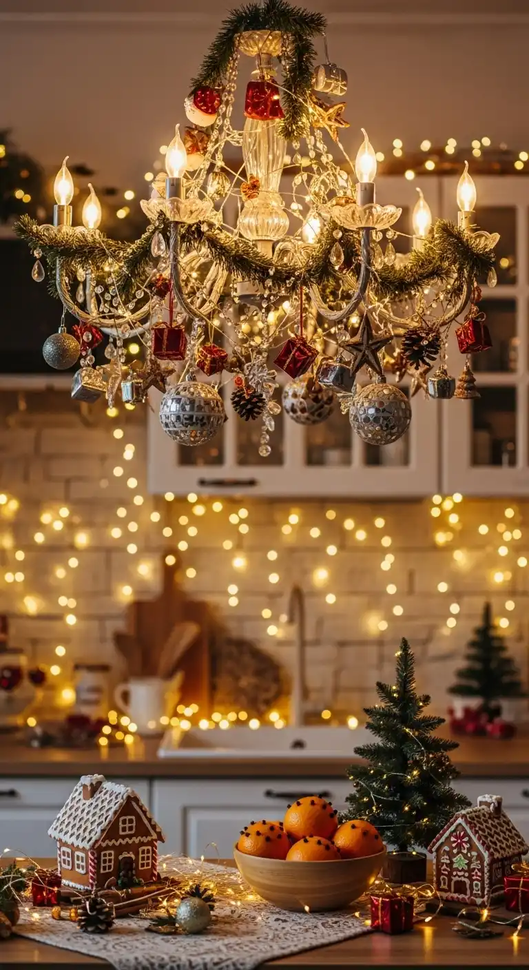 27. Festive Chandelier Décor with Hanging Ornaments and Lights