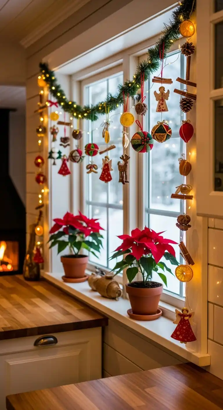 27. Handmade Ornament Garland Across a Window Frame