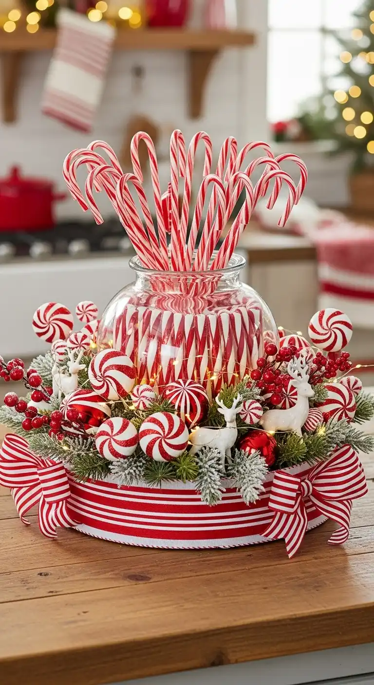 27. Peppermint-Themed Centerpiece with Striped Details