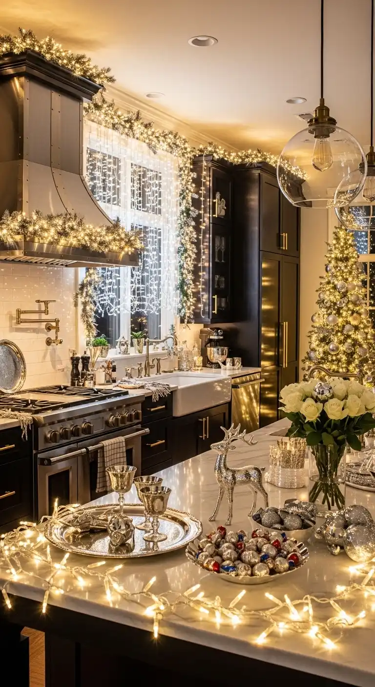 28. Gold and Silver Twinkle Lights for a Glam Kitchen Look