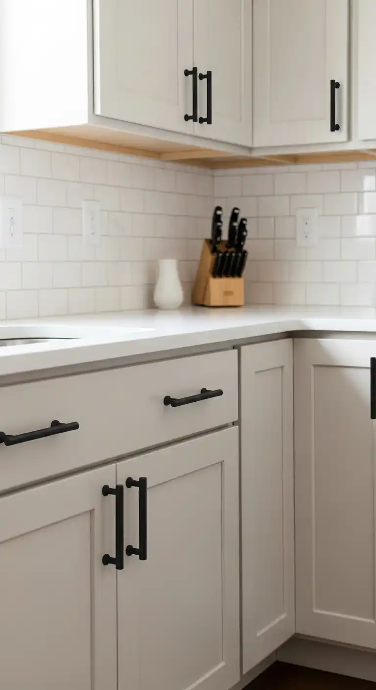 3. Beige Cabinets with Black Hardware Accents