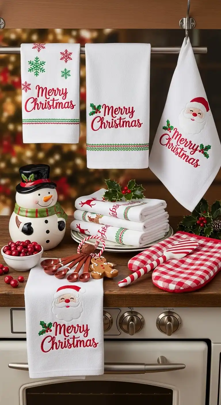 3. Holiday Dish Towels with Seasonal Embroidery