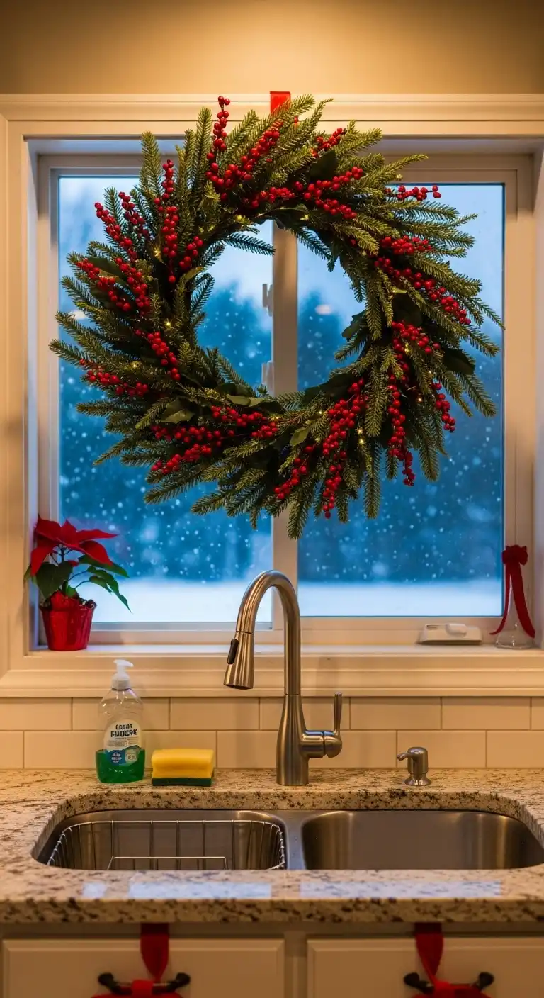 3. Red Berry Wreath Above the Kitchen Sink