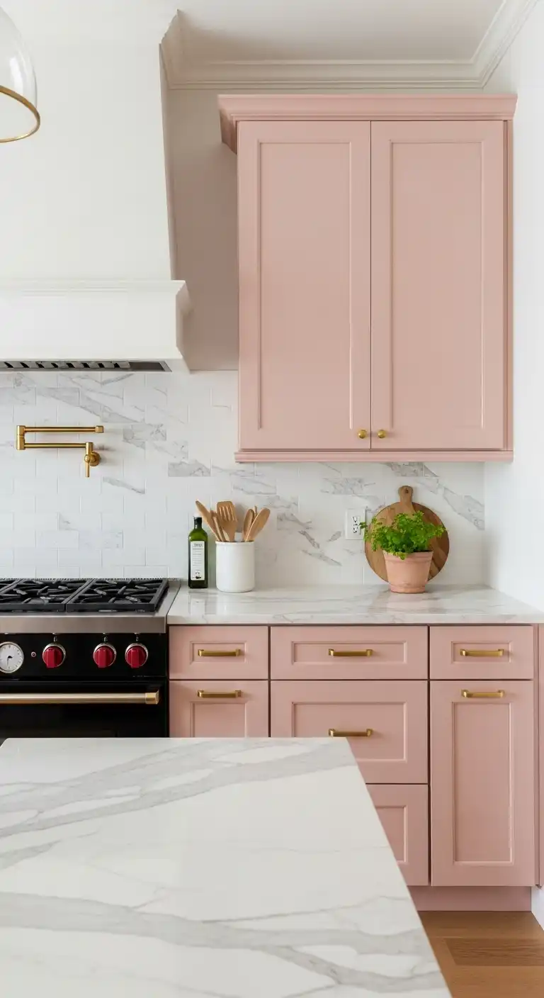 4) Blush pink cabinets paired with white marble countertops