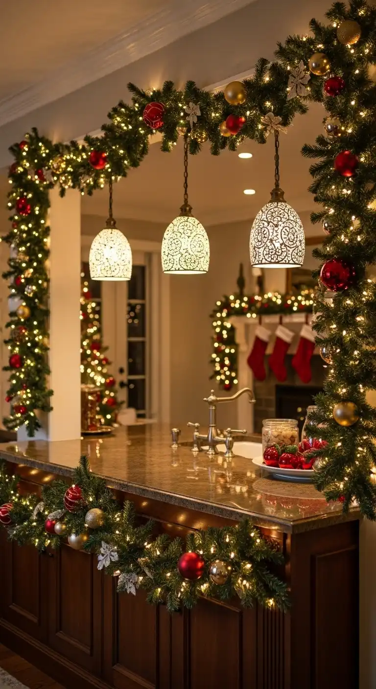 4. Lighted Garland Framing the Kitchen Island