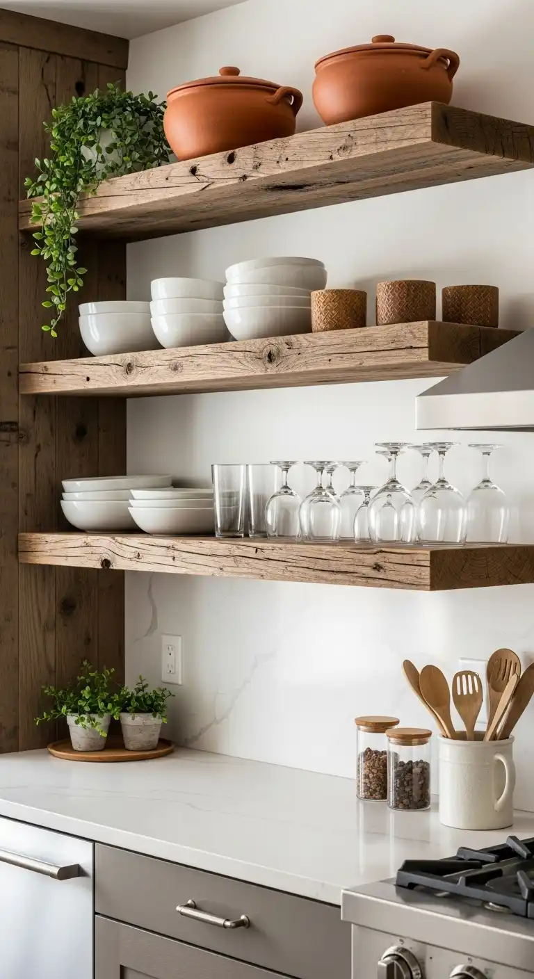 4. Open Shelving with Reclaimed Wood