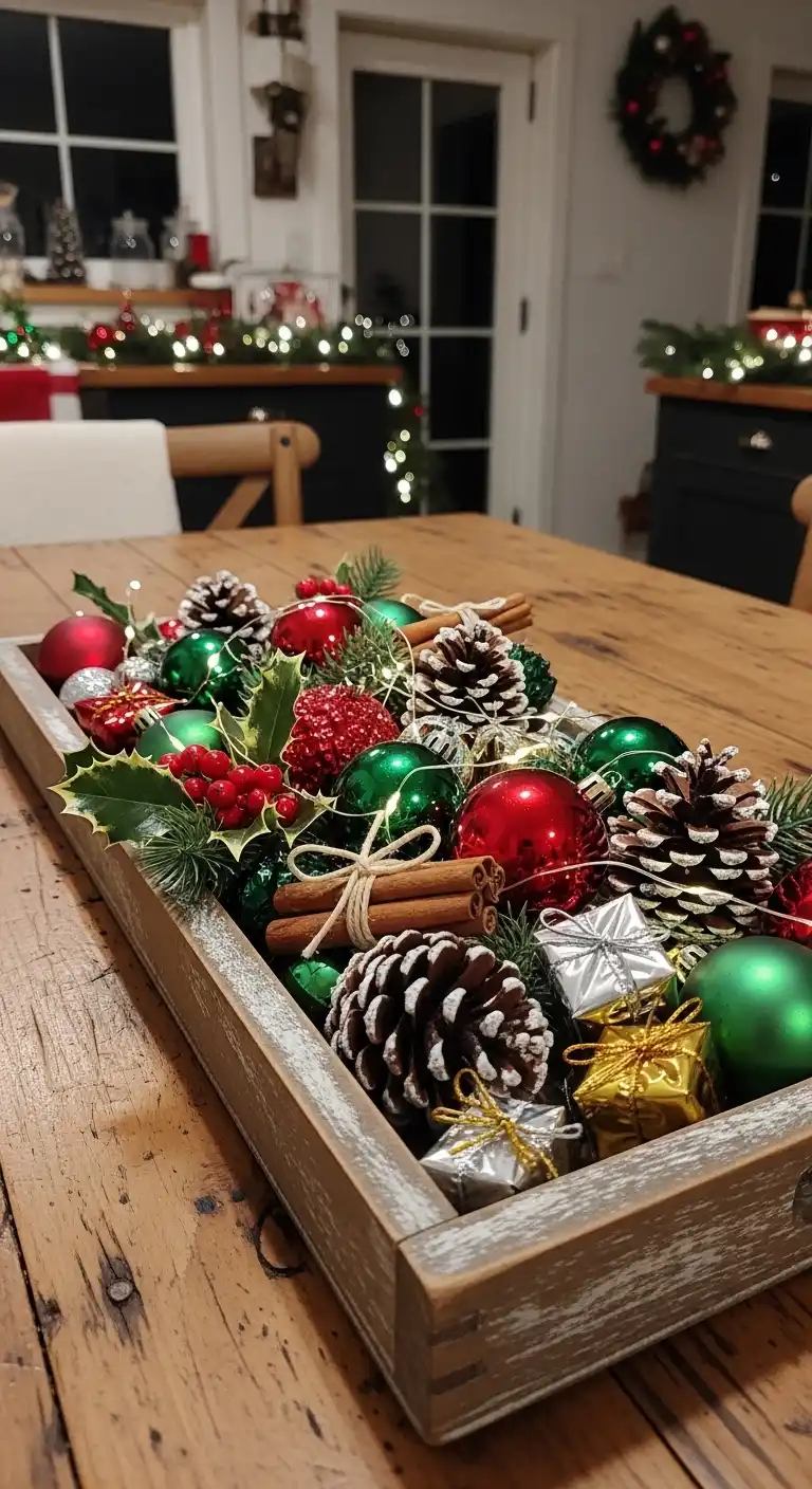 4. Rustic Wooden Tray with Holiday Ornaments
