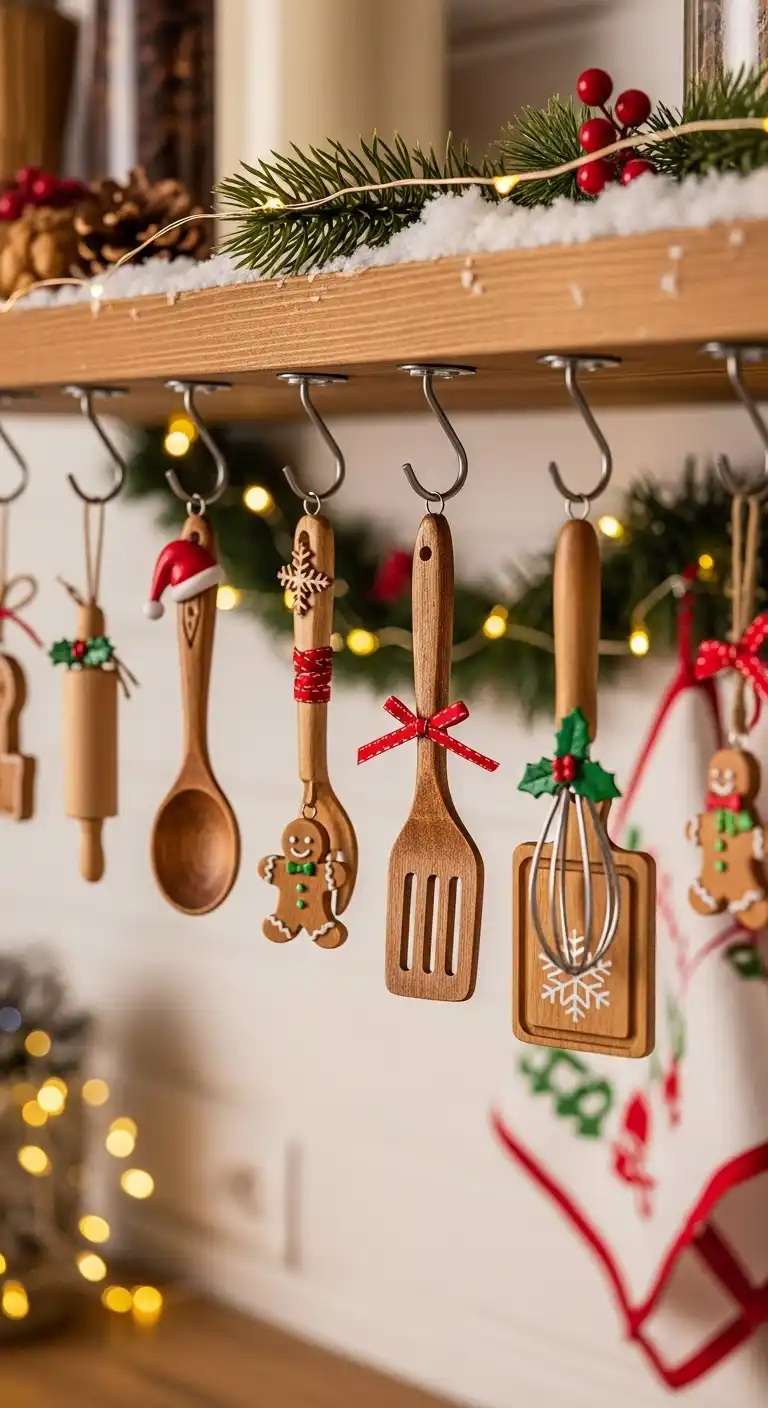 4. Wooden Utensil Ornaments Hung on Hooks