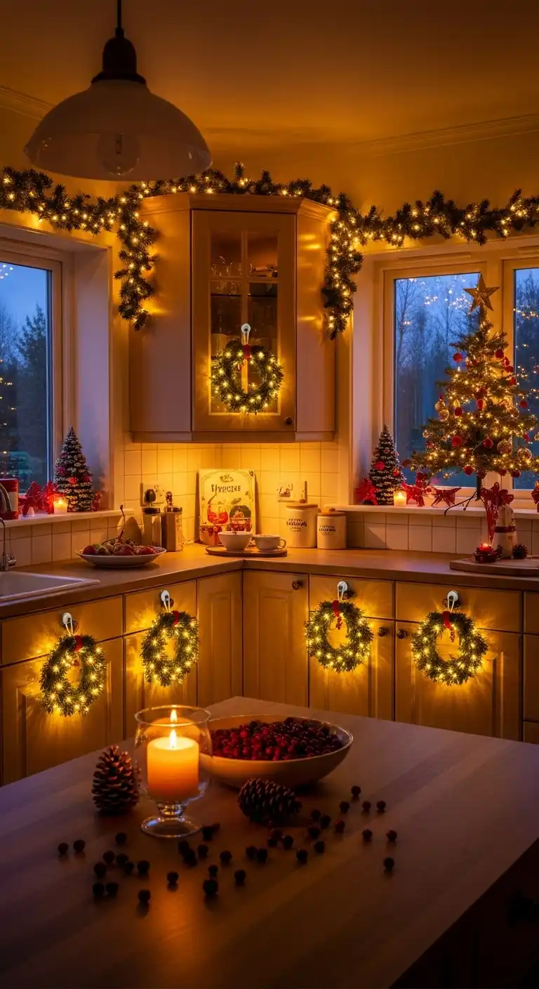 4. Wreaths with Built-In Lights Hung on Cupboard Doors