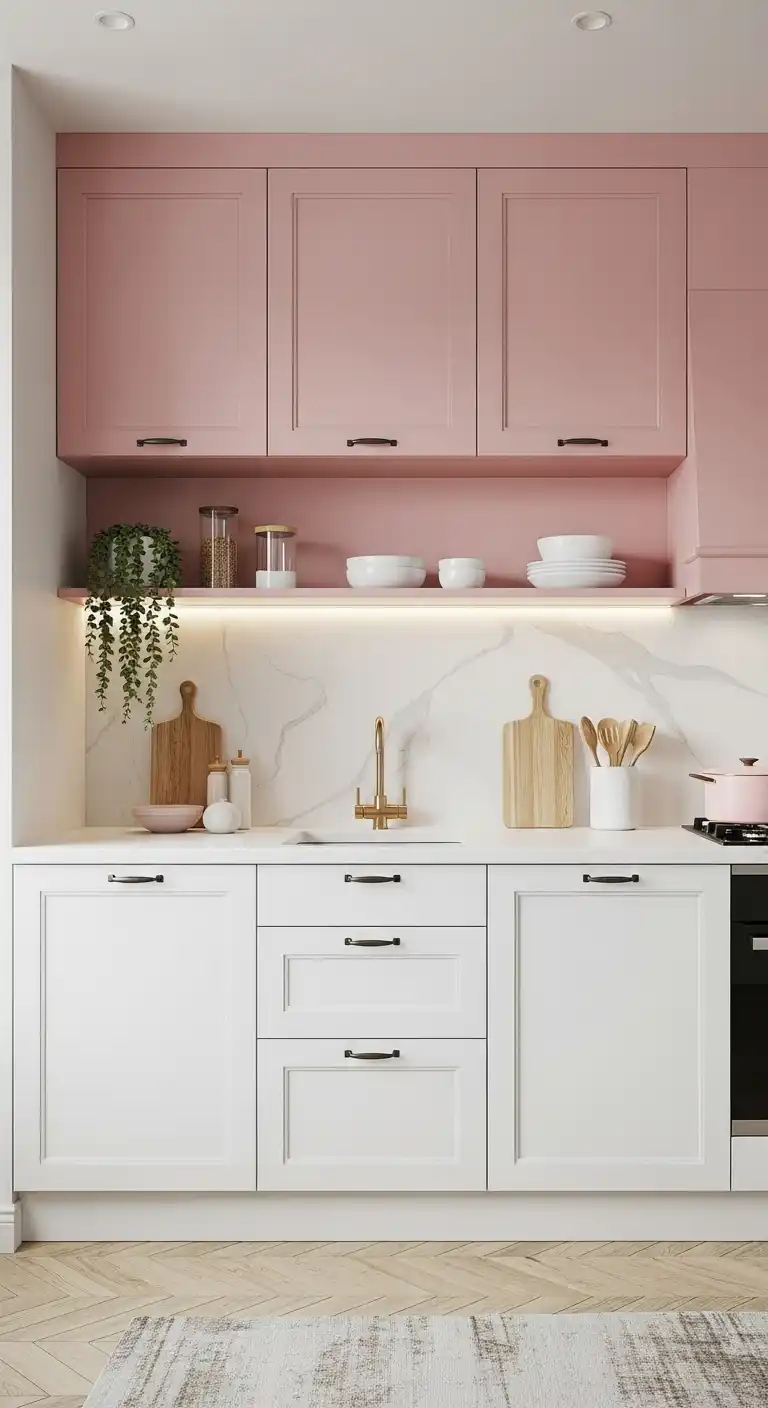 5) Two-tone kitchen with pink upper cabinets and white lower cabinets
