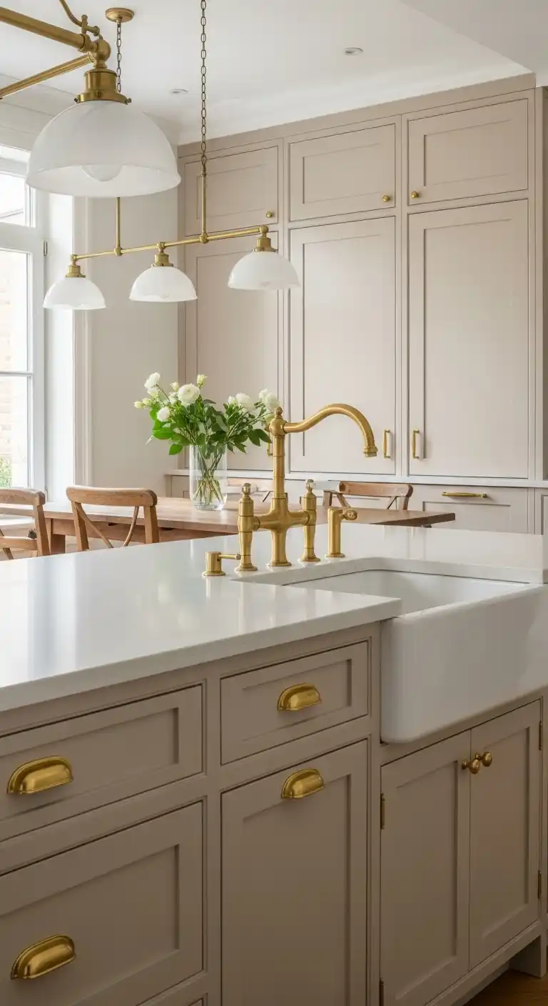 5. Beige Cabinets with Brass Fixtures for Warmth