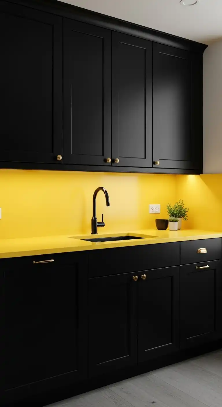 5. Bold Contrast Black Cabinets and Yellow Counters