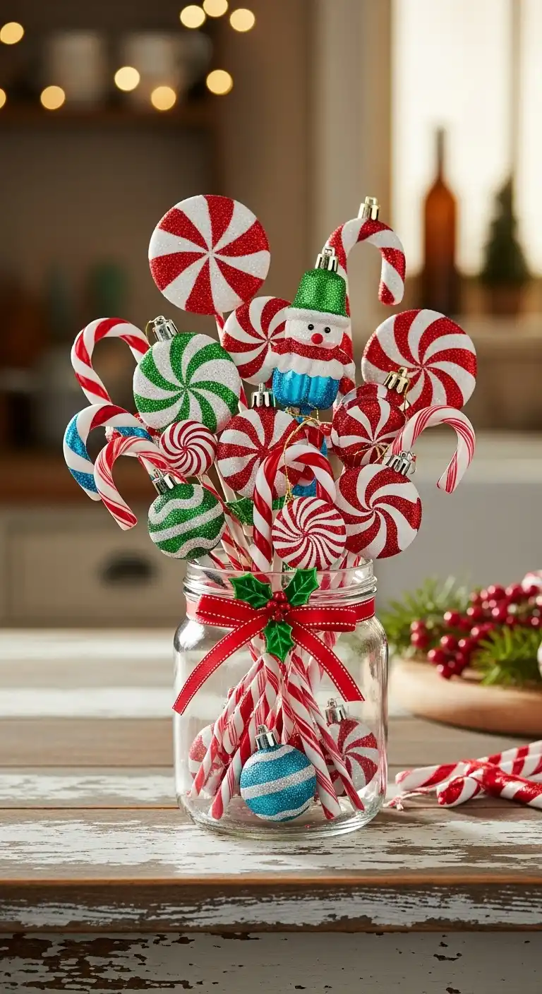 5. Candy Cane Ornaments Displayed in a Jar