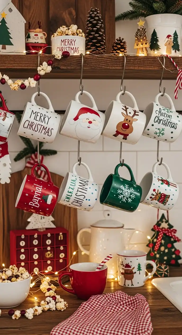 5. Hand-Painted Christmas Mugs Displayed on Hooks