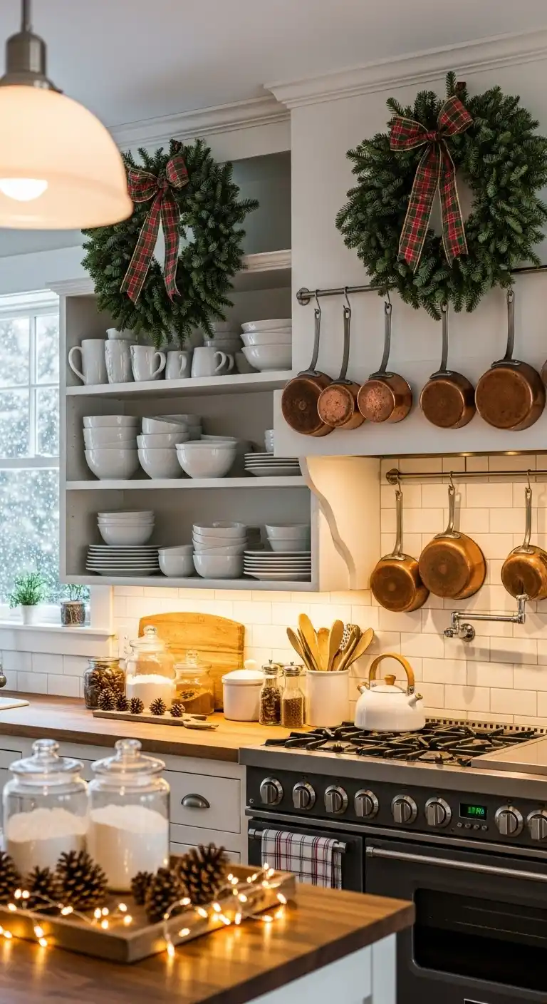 5. Plaid Ribbon Wreaths on Open Shelving Ends