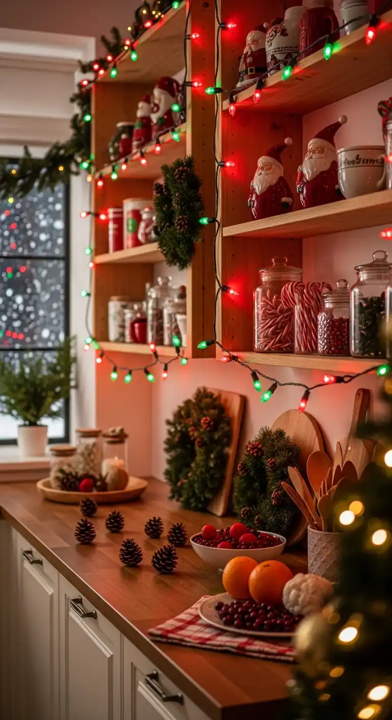 5. Red and Green Bulb String Lights Over Shelving