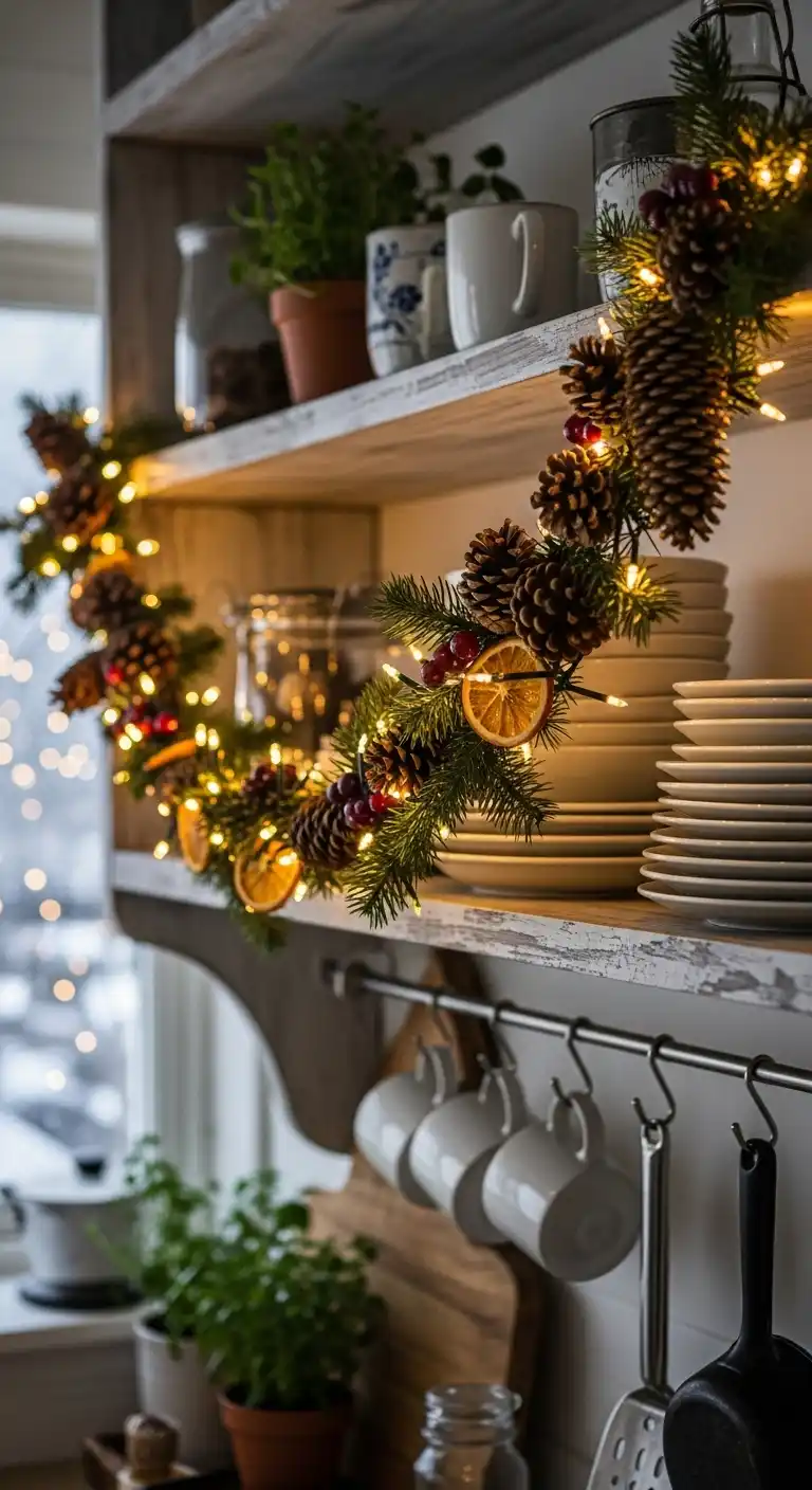 5. Rustic Garland with Pinecones Along Open Shelving